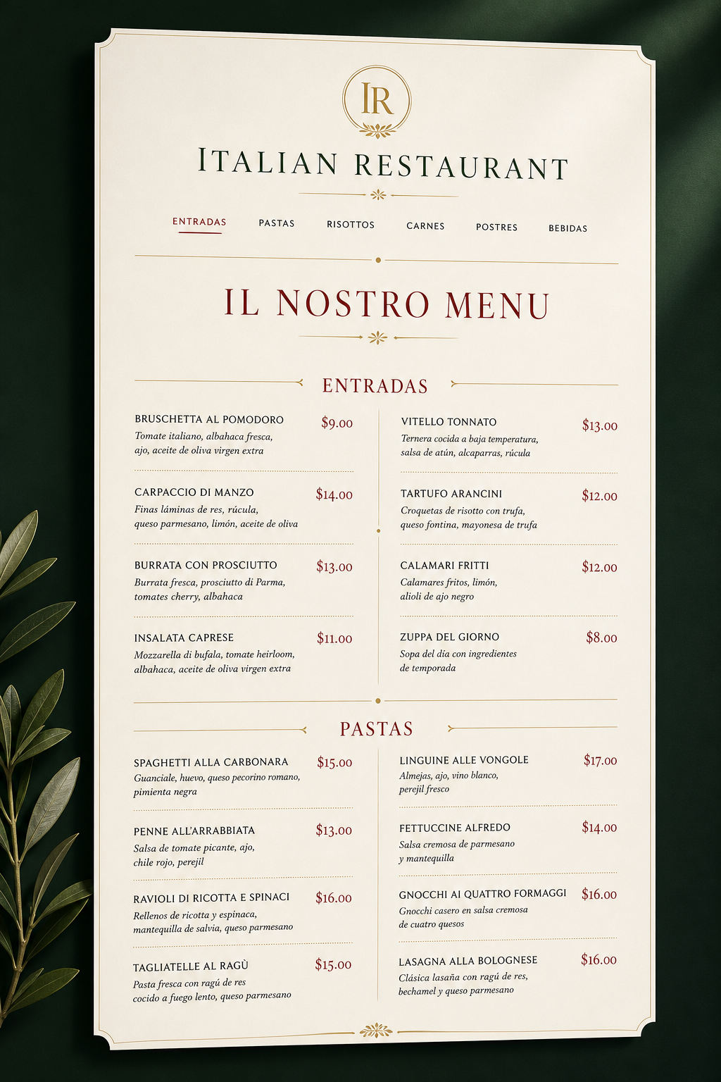 Carta italiana presentada como una pieza editorial sobre fondo verde oscuro
