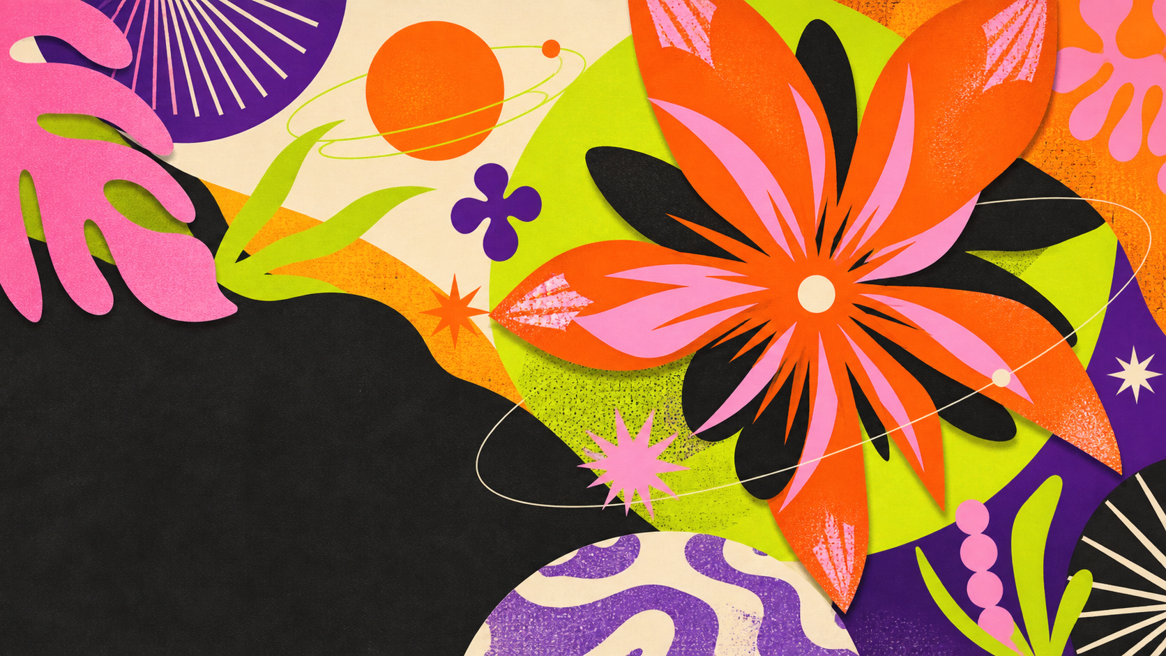 Composición gráfica abstracta en lima, violeta, naranja y rosa inspirada en la identidad visual de Xuxú